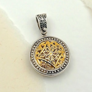 Double Sided Silver Pendant with Floral Design & Zircon | Reversible Artisan Necklace Charm.