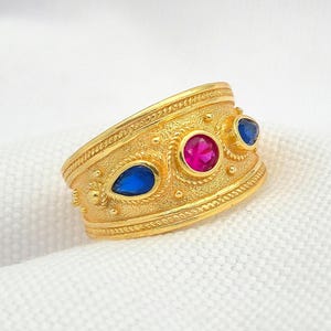 Byzantine Style Gold Plated Silver Ring with Ruby & Sapphire CZ | Handmade Medieval Inspired Jewelry