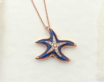 9k roségouden zeesterhangerketting • Diepblauw emaille en diamanten op oceaan geïnspireerde sieradencadeau