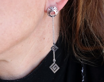 Sterling Silver Double Greek Key Dangle Earrings