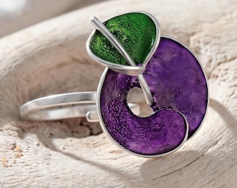 Zilveren ring met bloemen en paars en groen email | Verstelbare dagelijkse sieraden