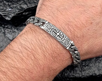 Silver ICXC NIKA Carved Chain Bracelet. Statement and Meaningful