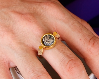 18k Gold Plated in Silver Ring with Hercules. Ancient Greek Hero Jewelry
