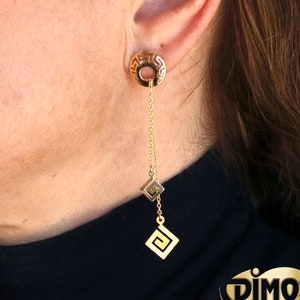 14k Gold Double Greek Key Dangle Earrings. Ancient Greek Design Jewelry. Birthday Gift