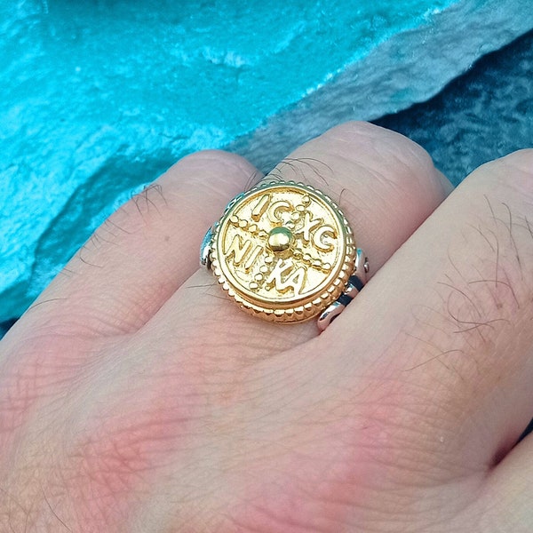 Sterling Silver Ring with Gold Plated Embossed ICXC NIKA. Handmade Jewelry of Faith for Him. Constantine Ring