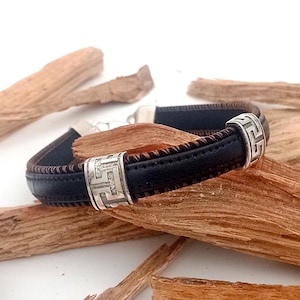 Man Bold Bracelet with Silver Greek Key Parts. Meander Jewelry for Men