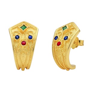 14k Gold Byzantine Earrings with Natural Gemstones. Elegant Handmade Jewelry for Her.