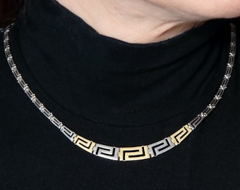 14k Gold and Silver Graduated Greek Key Necklace. Classic Handmade Greek Jewelry. Birthday Gift