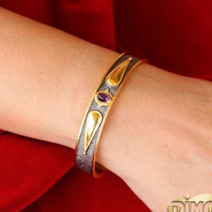 Two Tone Byzantine Design Cuff with Amethyst. Anniversary Gift for Her