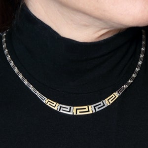 14k Gold and Silver Graduated Greek Key Necklace. Classic Handmade Greek Jewelry. Birthday Gift