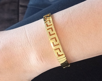 18k Gold Plated Greek Key Cuff Bracelet. Siver Classic Greek Jewelry. Gift for Her.