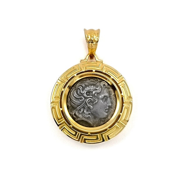 Gold Double Sided Greek Key Pendant with Alexander the Great.  Ancient Greek Coin Copy. Timeless Gift.