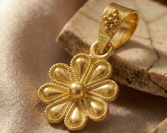 18k Gold Single Rosette Pendant in Two Sizes. Classic Handmade Greek Jewelry