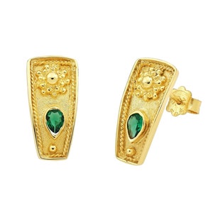14k Gold Byzantine Earrings with Emeralds. Statement Earrings for Women.