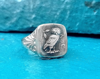 Silver Athenian Owl Signet Unisex Ring. Ancient Greek Tetradrachm Coin
