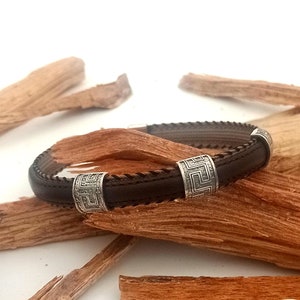 Man Bracelet with Silver Greek Key Parts. Meander Accessory for Him