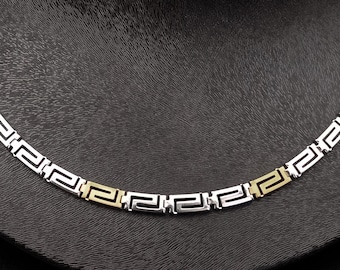 14k Gold and Silver Greek Key Necklace. Ancient Greek Meander Jewelry. Gift for Her.