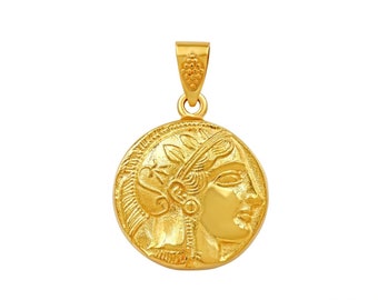 Pendentif réplique de pièce de monnaie double face Déesse Athéna en or 18 carats Dimos