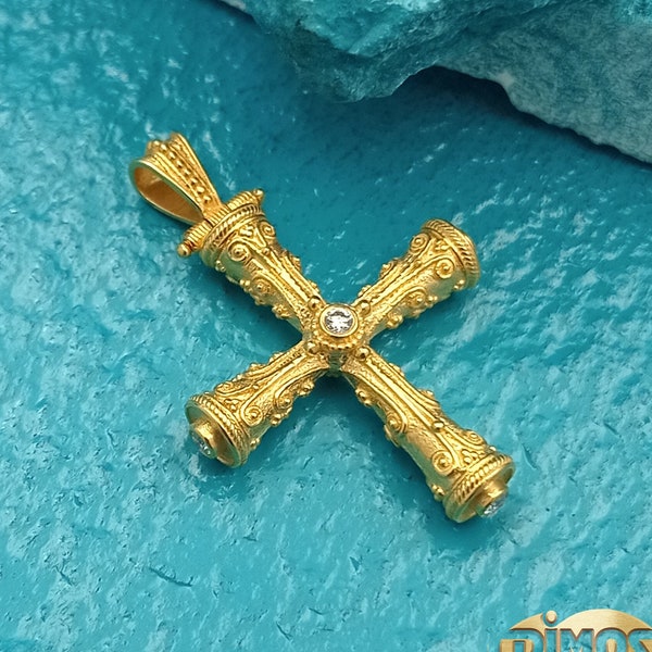 18k Gold Byzantine Cylindrical Cross with Diamonds. Majestic Religious Jewelry