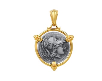 Pendentif Athéna en or 14 carats : réplique de pièce de monnaie grecque antique en argent sterling