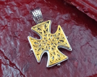Two-Tone Greek Cross: 22k Gold-Plated Sterling Silver Byzantine Pendant