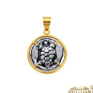 18k Gold and Silver Aegina Sea Turtle Coin Replica. Unisex Handmade Ancient Greek Coin
