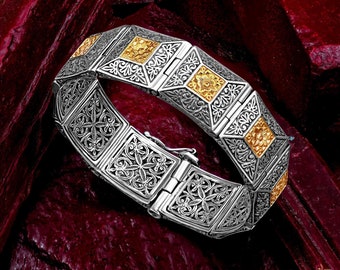 Pulsera bizantina de plata de ley de dos tonos: banda ancha tallada