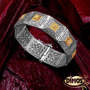 Wide Two Tone Byzantine Carved Bracelet. Silver Stunning Piece for Her.