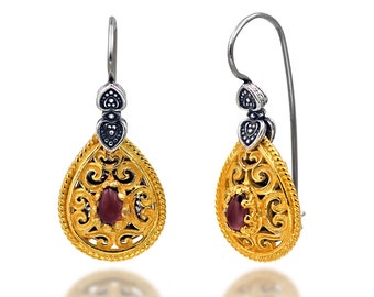 Byzantine Carved Earrings with Garnet Stone. Handmade Ethnic Jewelry. Birthday Gift.