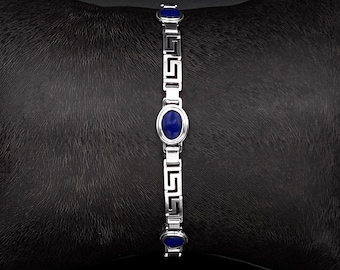 Silver Greek Key Lapis Lazuli Bracelet. Classic Greek Jewelry. Gift for Her.