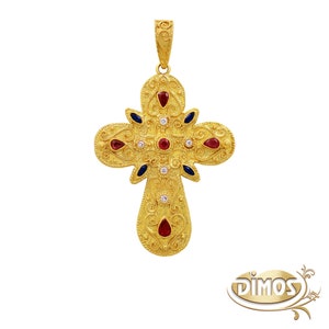 Dimos 18k Gold Byzantine Multicolor Cross. Handmade Religious Jewelry