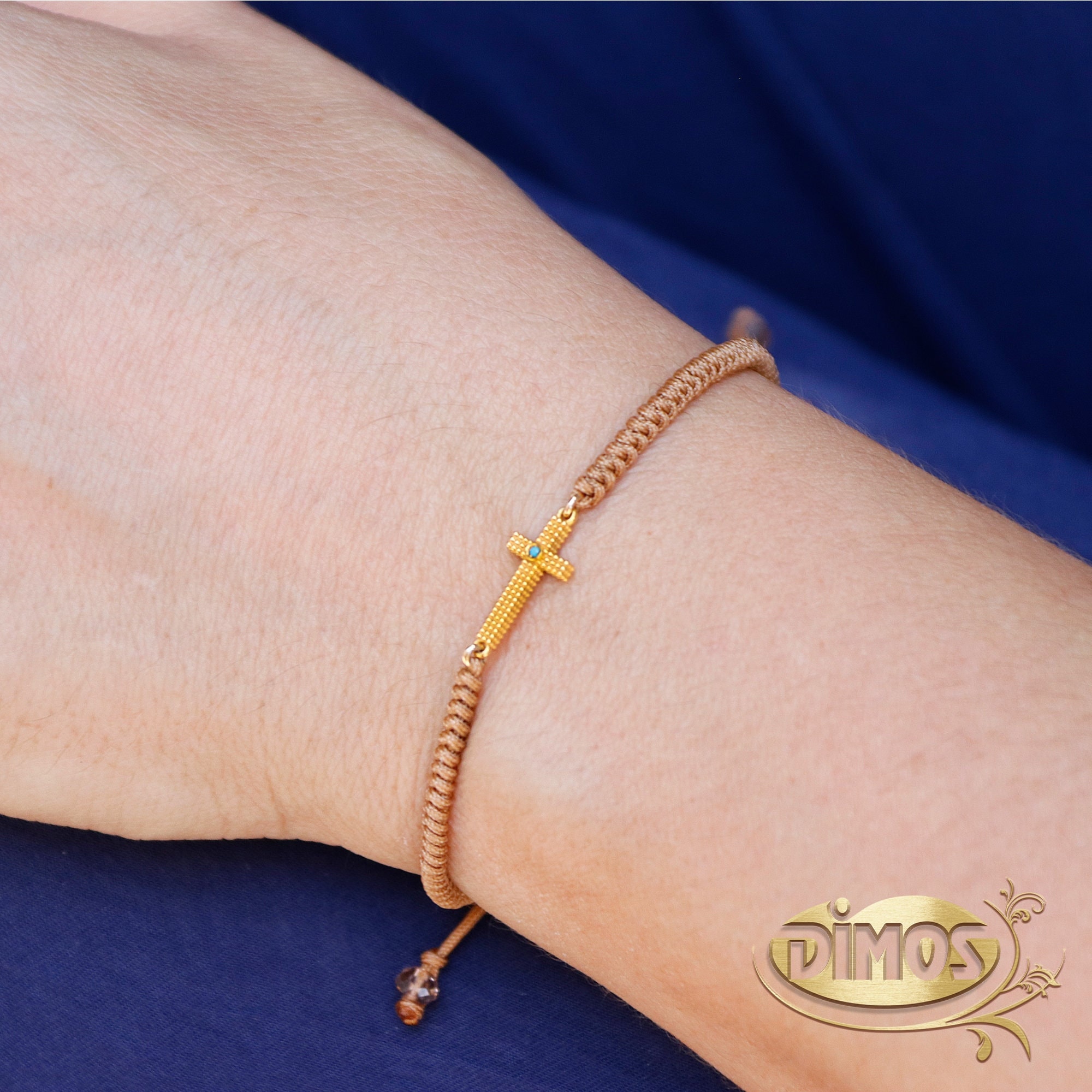 14Kゴールドクロスブレスレット：ターコイズストーン、マクラメ宗教