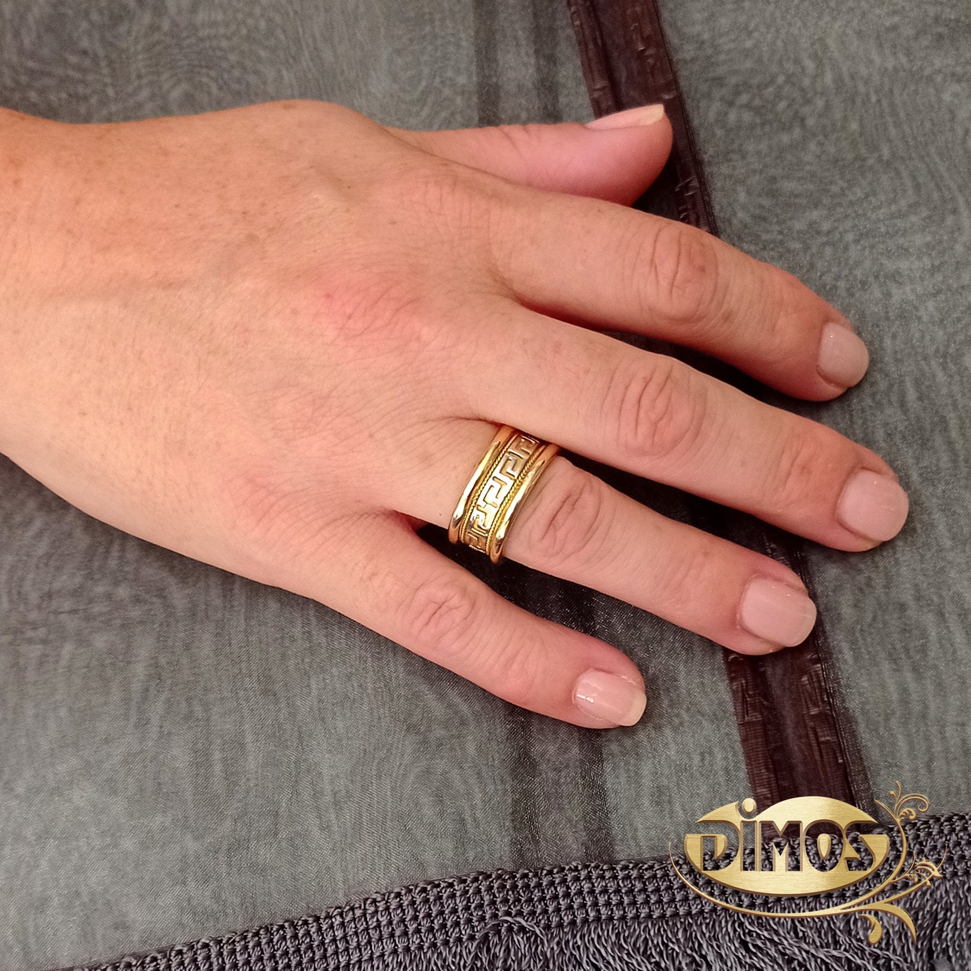 18k Gold Greek Key Band Ring: Two-Tone Meander Jewelry