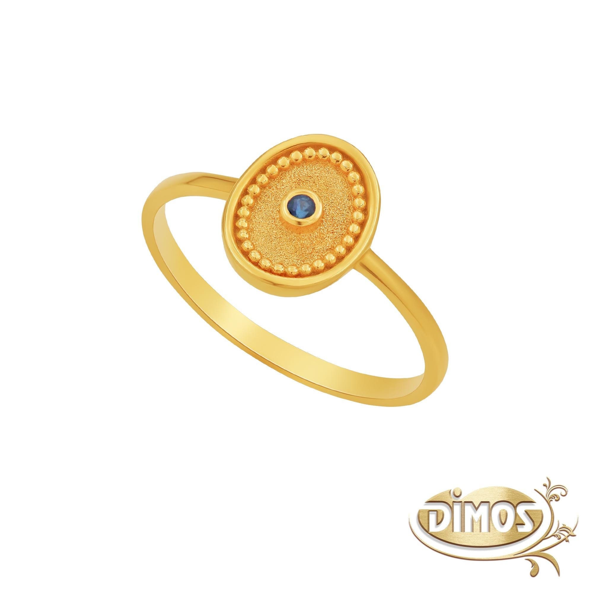 14k gouden sierlijke Byzantijnse ring met blauwe saffier. Handgemaakt cadeau voor haar