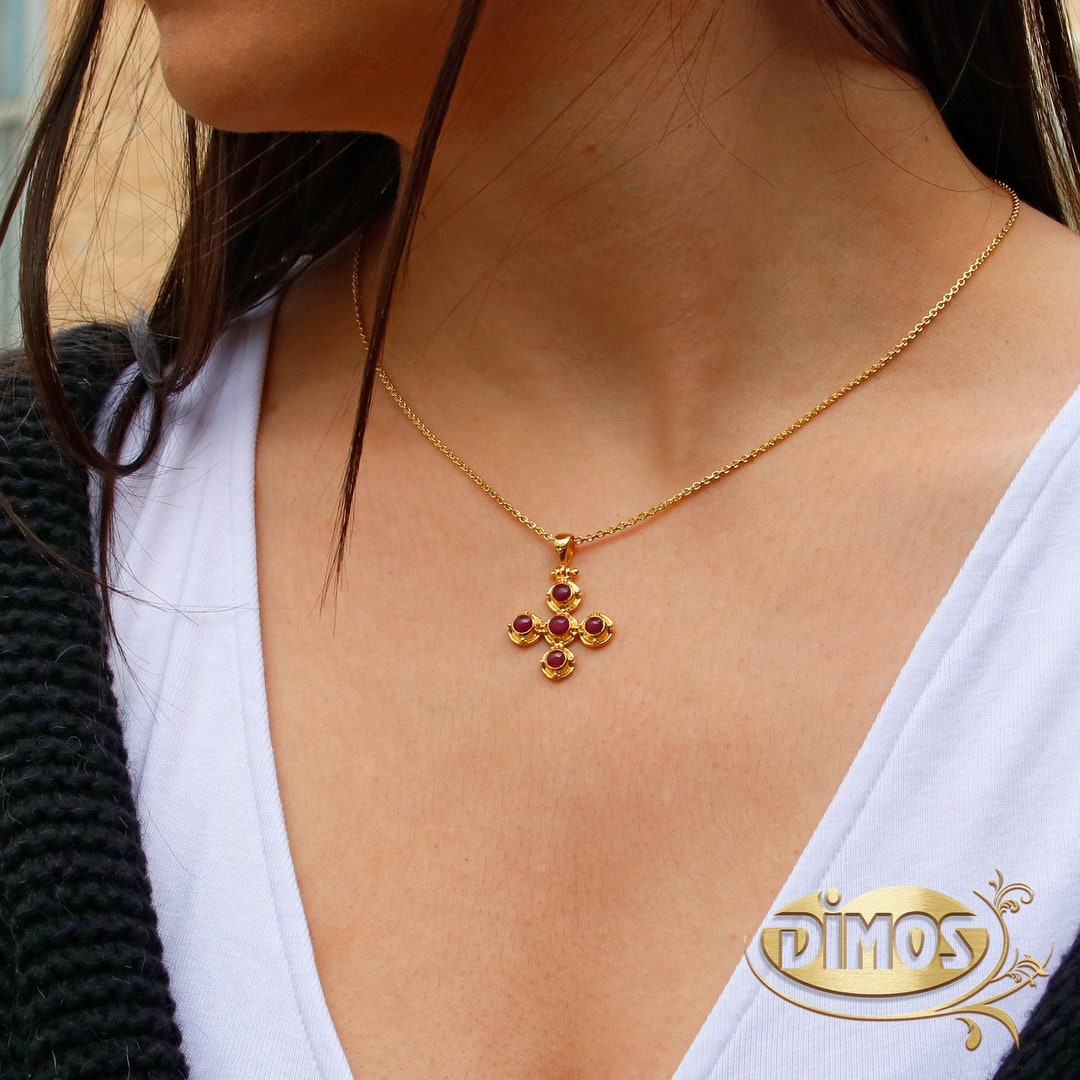 Dimos 18k Yellow Gold Cross With Natural Rubies. Greek Religious