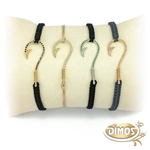 18K White/Yellow Gold Fish Hook Bracelets. Precious Stones Macrame Bracelet.