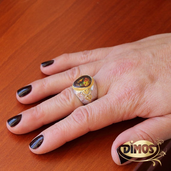 Hammered Sterling Silver Fire Agate Ring: 18k Gold Filigree, Greek Jewelry