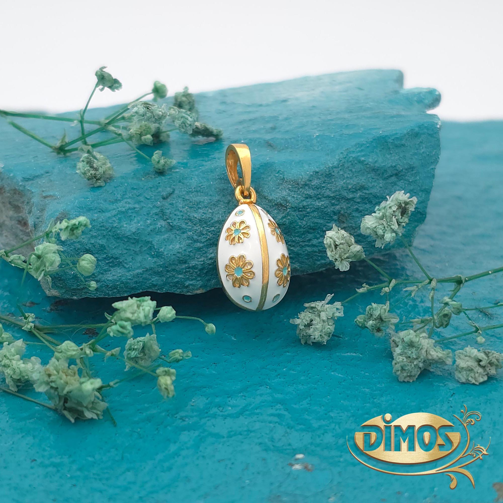 White Enamel Egg Pendant with Daisies • Floral Symbolic Charm