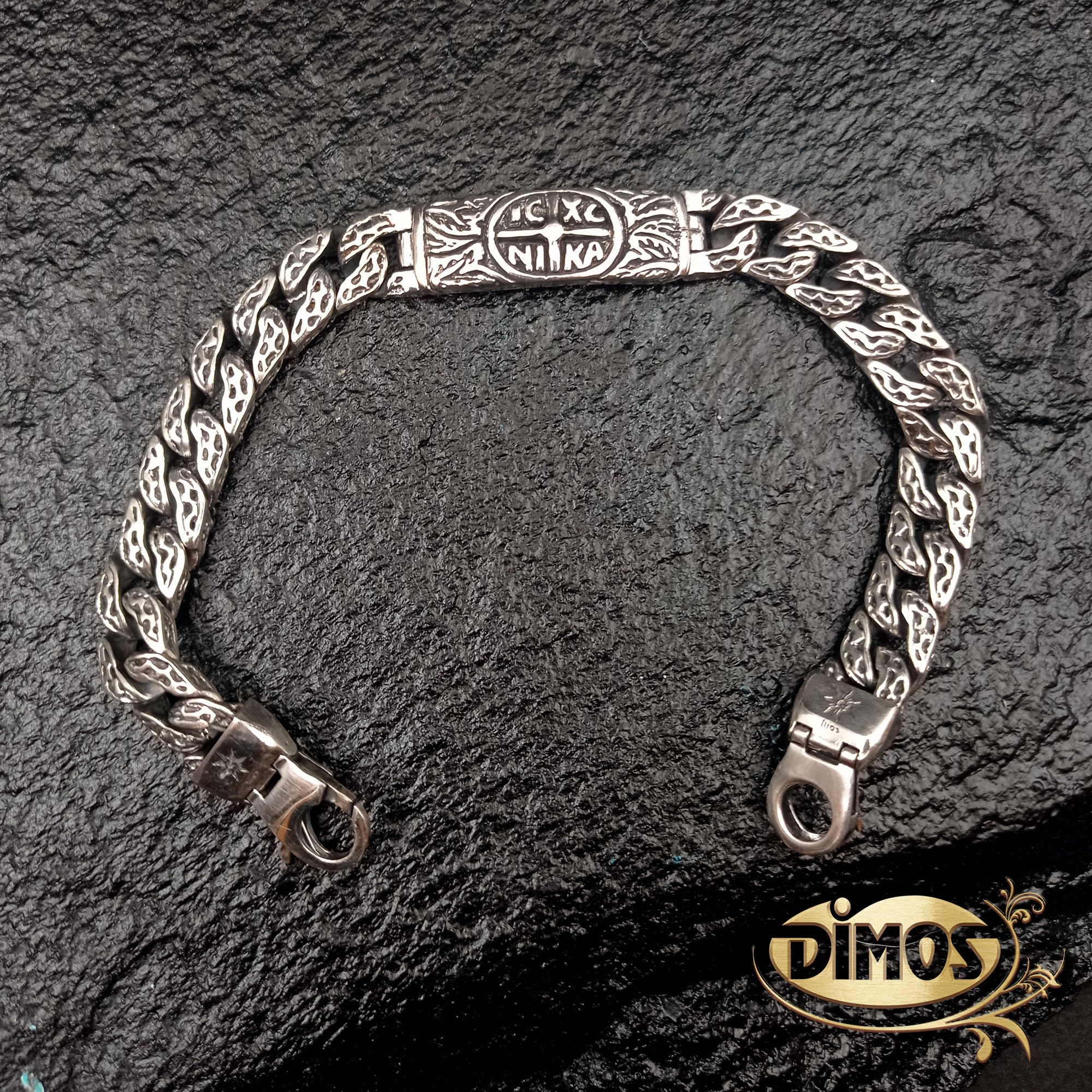 Silver ICXC NIKA Carved Chain Bracelet. Statement and Meaningful