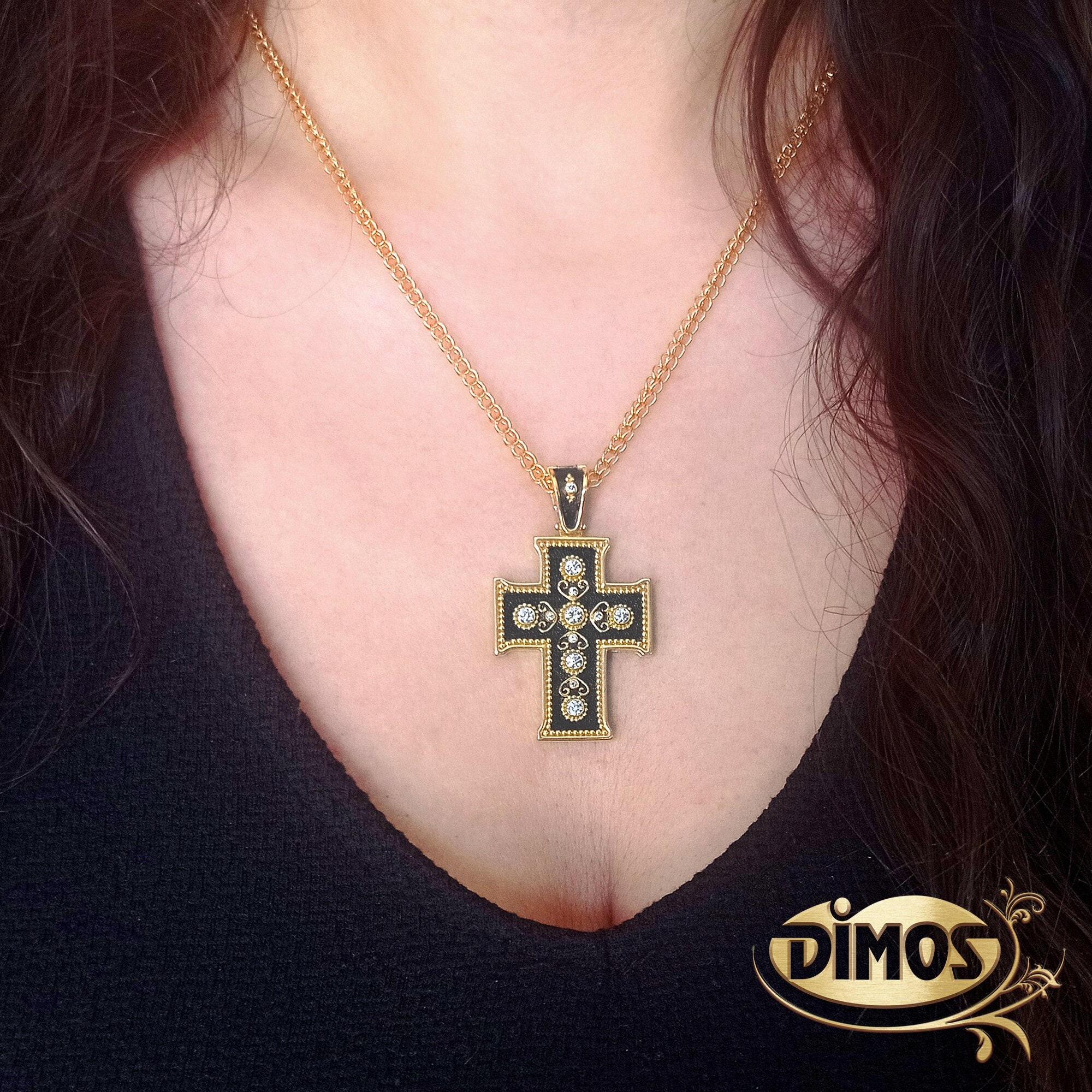 Dimos 18k Gold Noir Byzantine Diamonds Cross. Greek Handmade Religious Jewelry.