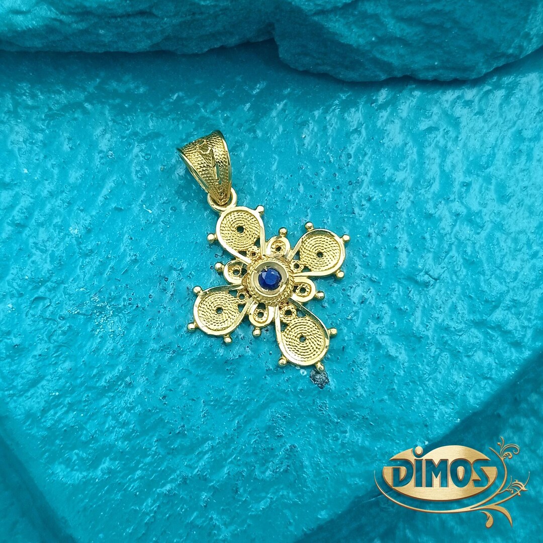 18k Gold Filigree Byzantine Cross With Blue Sapphire. Greek Religious