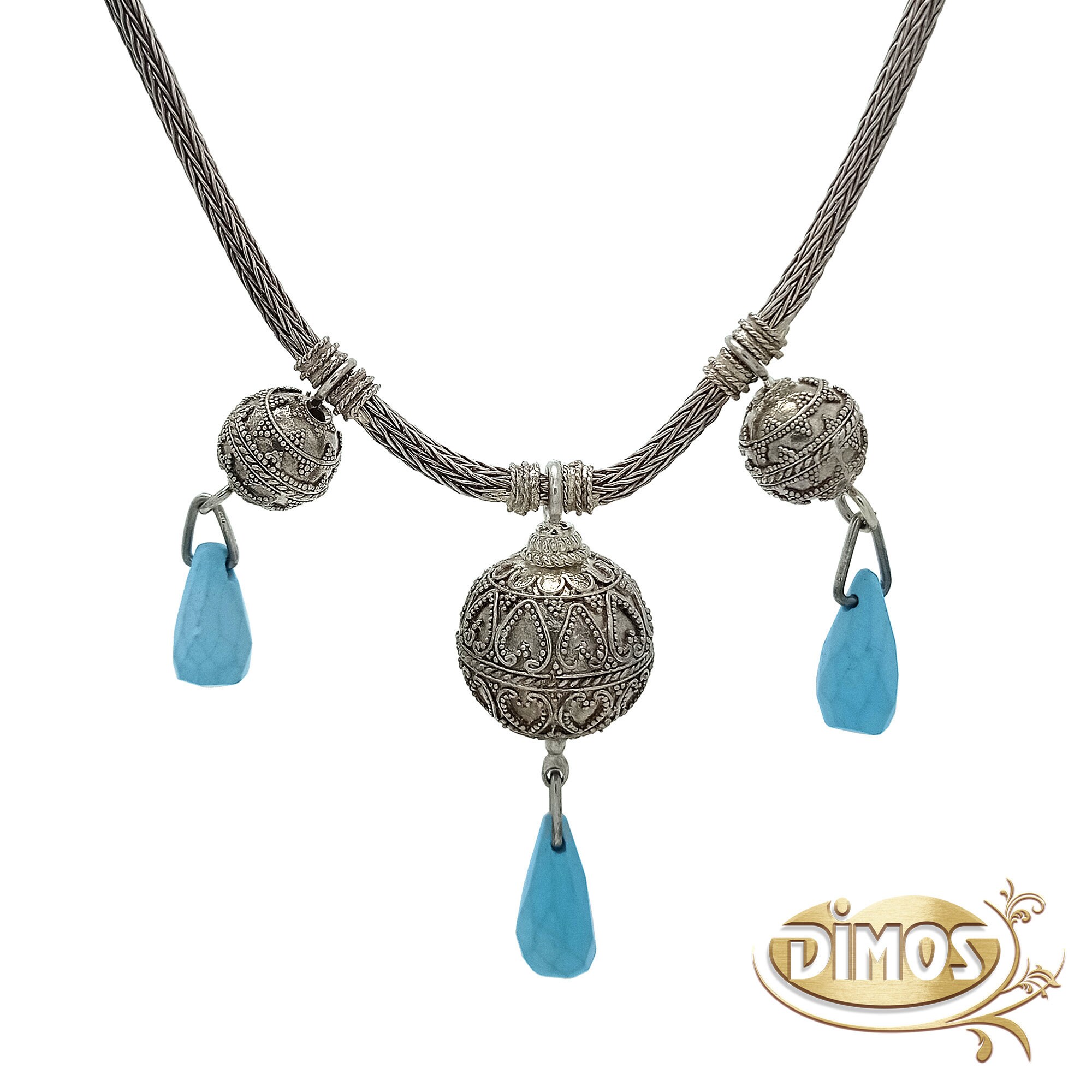 Collier Byzantin Ancien En Argent 925 Avec Pierre Turquoise - Occasion