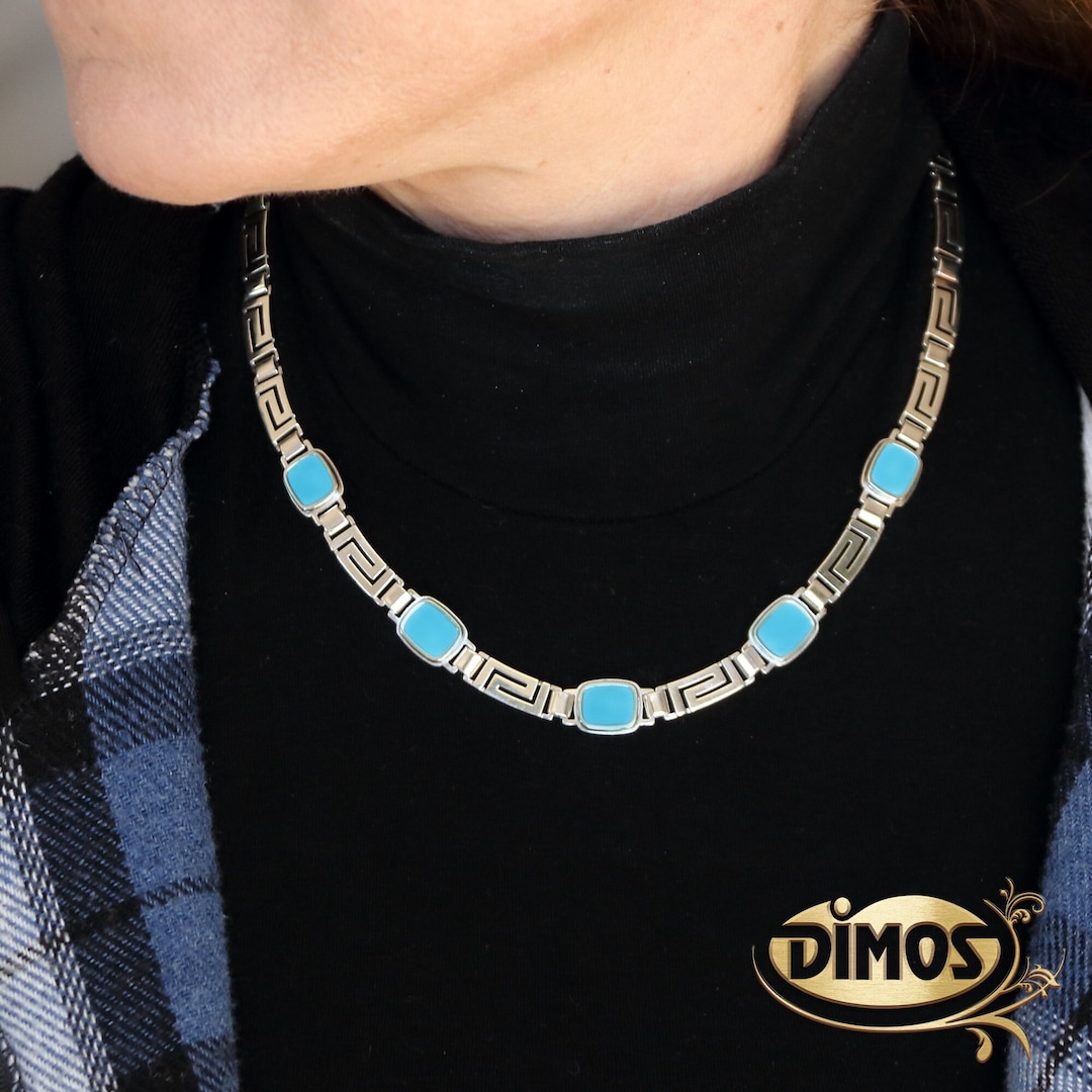 Silver Greek Key Turquoise Necklace. Handmade Ethnic Jewelry