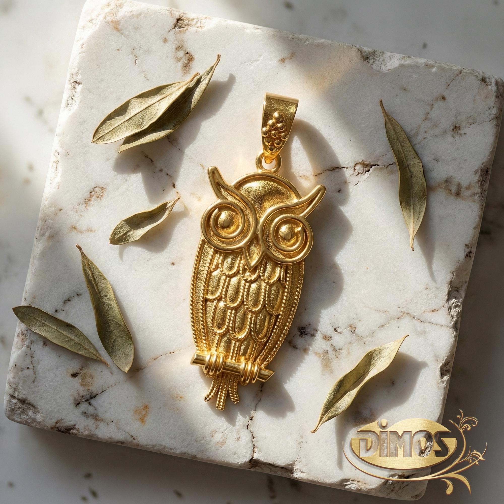 Dimos 18k Gold Owl Pendant. Ancient Greek Symbol.