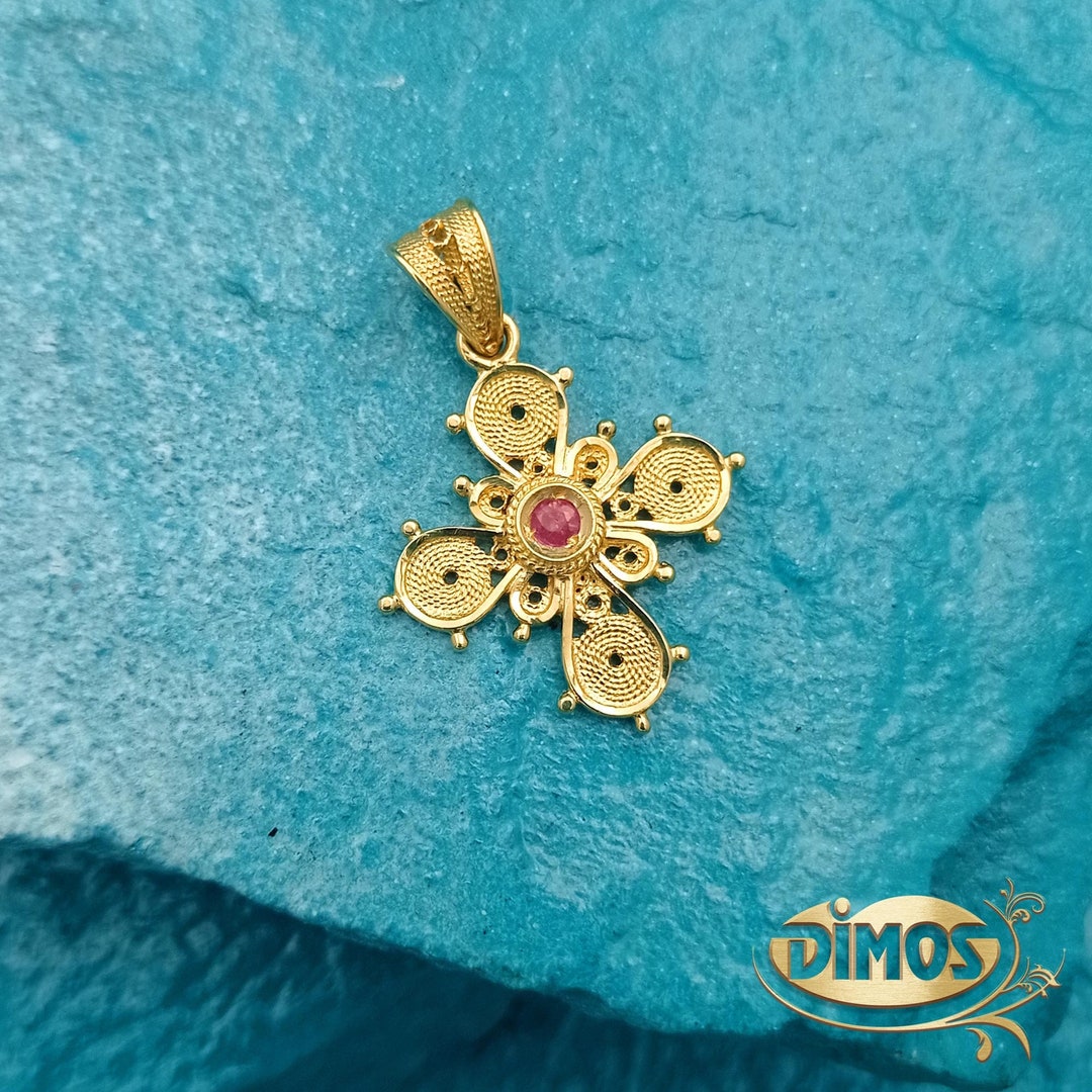 18k Gold Filigree Byzantine Cross With Traditional Greek