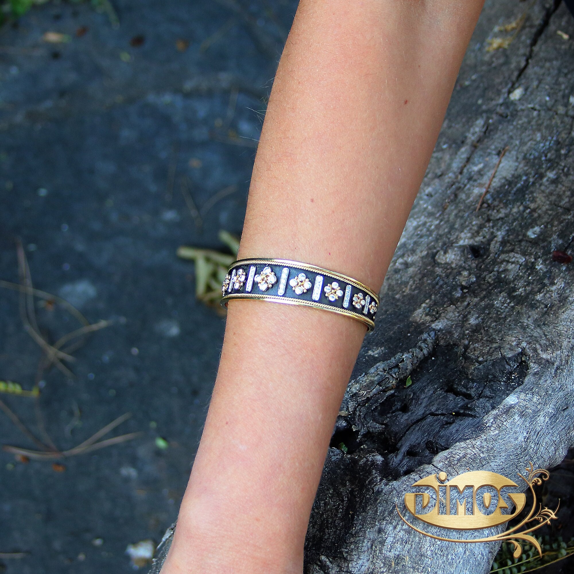 Dimos 18k Gold Noir Cuff with Diamonds. Byzantine Inspired Jewelry. Timeless Gift.