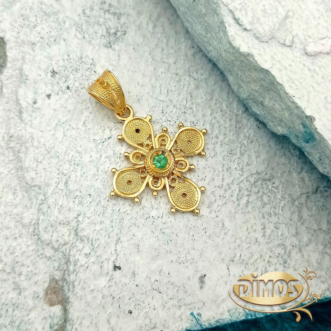 18k Gold Filigree Byzantine Cross With Handmade Greek