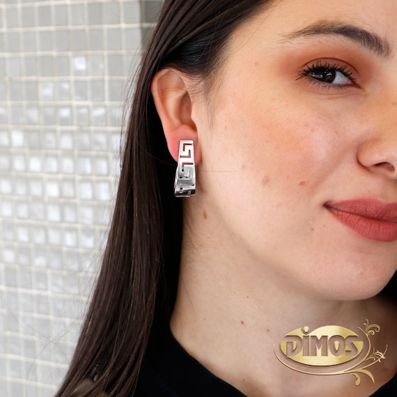 Silver Curved Greek Key Earrings. Handmade Greek Jewelry. Gift for