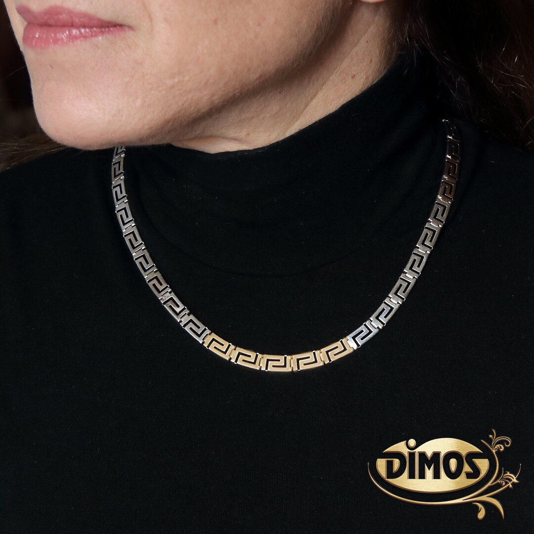 14k Gold and Silver Greek Key Necklace. Classic Handmade Greek