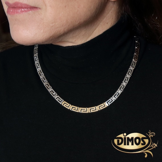 14k Gold and Silver Greek Key Necklace. Classic Handmade Greek